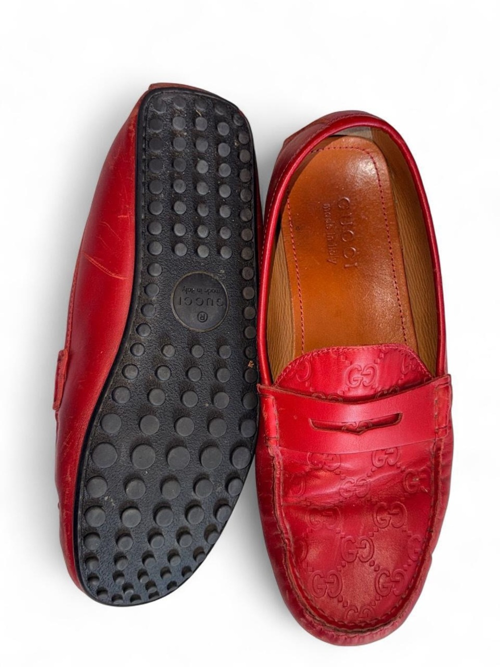 Gucci Red Embossed Leather Penny Loafers for Men